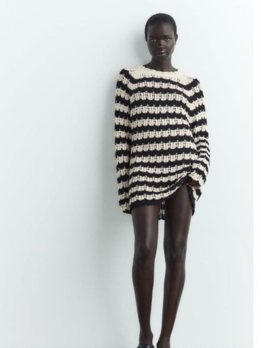 Zara Striped Pointelle Open Knit Long Sleeve Pullover Tunic Sweater